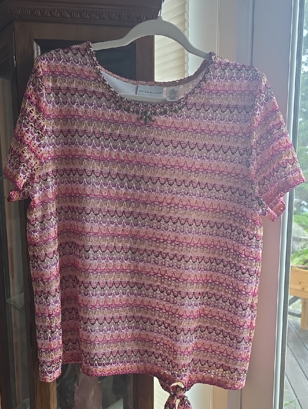 Alfred Dunner Pink Multicolor Crochet-Style Short Sleeve Top